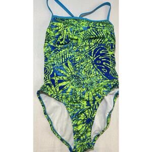 Nike One Piece Swimsuit Neon Green & Blue‎ Print Girls Size 14 Floral Geometric
